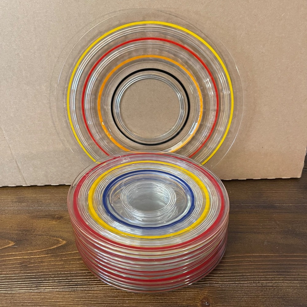 12-Piece Vintage Anchor Hocking Banded Rings Glass Plate Set: 11 8" & 1 Platter